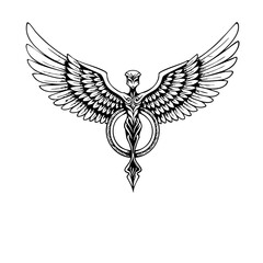 Obraz premium Black and white mystical figure with wings is depicted in this line art drawing, showcased for your enjoyment. Black and white drawing contains symbolic art,