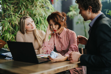 Group of people engaged in a serious discussion at a modern outdoor cafe. The setting conveys...