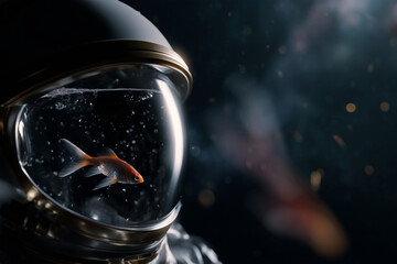 Goldfish Swimming Inside Astronaut Helmet in Outer Space with Stars and Galaxies
