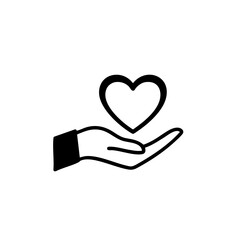 Hand holding heart symbol. Simple heart icon in open palm.  Charity symbol for donation campaign.  Heart in hand represents love, care, and support.  Concept image for nonprofit organizations,