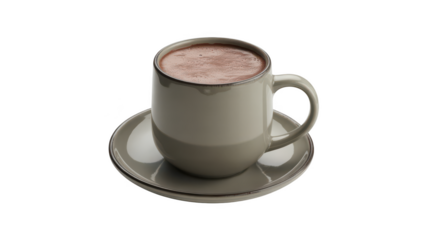 Creamy hot chocolate in a ceramic mug on a saucer isolated on transparent background