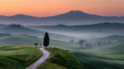 Tuscan sunrise road, rolling hills, misty valley, scenic drive, travel poster