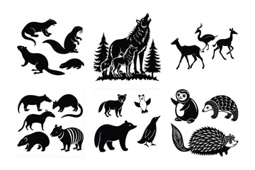 A seamless pattern of tiny, detailed animal silhouettes, including birds, butterflies, and forest creatures, in monochrome tones,