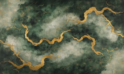 Abstract gold veins flowing through dark green textured background art