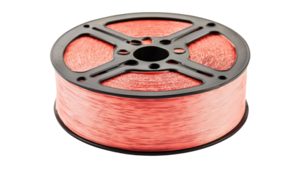 Spool of red filament for printing, neatly wound on black plastic reel, isolated on transparency background