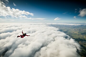 An Adventurous Skydiver Soars Above a Blanket of Clouds Over a Lush Landscape