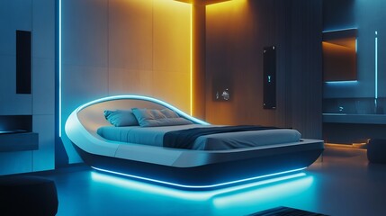Futuristic bed with a sleek curved frame and ambient LED lights underneath in a high tech room with modern gadgets and minimalistic decor showcasing an innovative design