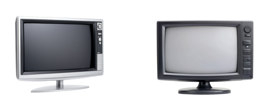 Two retro style televisions, one with silver frame and other with black frame, showcasing vintage designs and controls