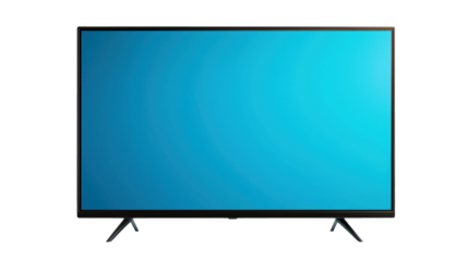 Sleek flat screen television with minimalist design, featuring vibrant blue display and supported by two sturdy legs
