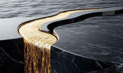 Abstract golden liquid cascade over dark stone background texture design