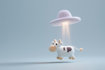 Whimsical Amigurumi UFO and Floating Crocheted Cow with Glowing Light Beam

