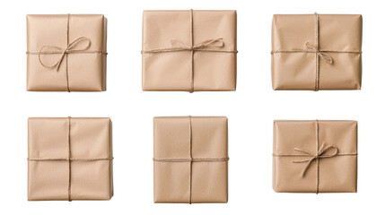 Six neatly wrapped brown paper packages tied with string, showcasing rustic and eco friendly gift wrapping style