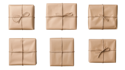 Six neatly wrapped brown paper packages tied with string, showcasing rustic and eco friendly gift wrapping style