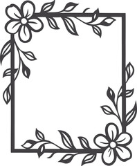 Floral frame with decorative leaves and flowers, border frame in vintage line art style, elegant nature-inspired ornament for greeting card, wedding invitation, or certificate design