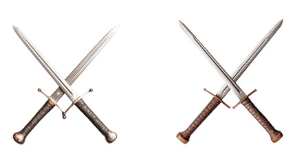 Two crossed medieval swords with detailed hilts and sharp blades, symbolizing strength and battle. swords have leather wrapped handles