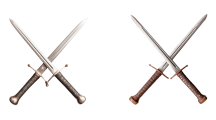 Two crossed medieval swords with detailed hilts and sharp blades, symbolizing strength and battle. swords have leather wrapped handles