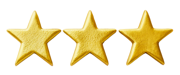 Three shiny golden stars arranged in row, symbolizing rating, quality, or achievement. stars have textured metallic finish