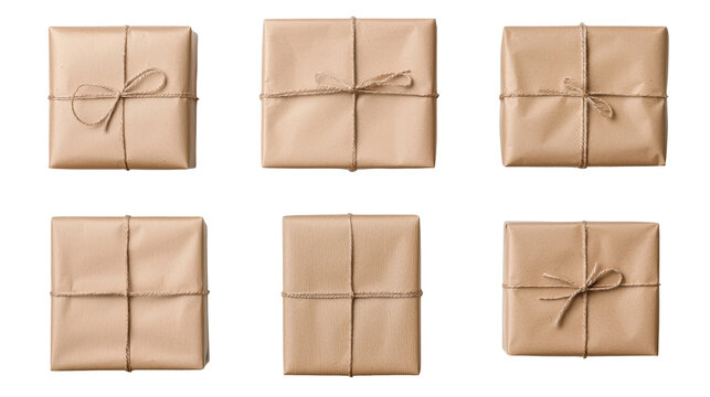Six neatly wrapped brown paper packages tied with string, showcasing rustic and eco friendly gift wrapping style
