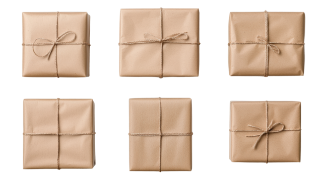 Six neatly wrapped brown paper packages tied with string, showcasing rustic and eco friendly gift wrapping style