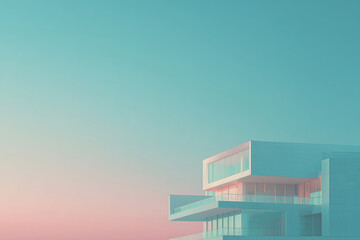 Dreamcore Liminal Modernist Architecture with White Minimalist Buildings and Pastel Sky
