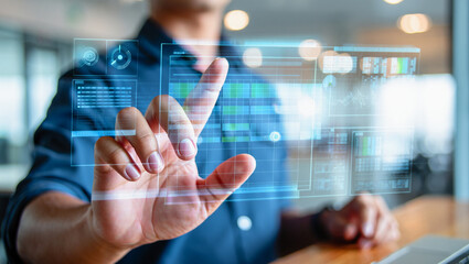Futuristic Business Technology with Holographic Touchscreen UI and Digital Innovation Concept