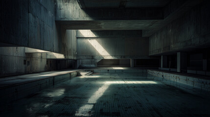 Deserted Brutalist Swimming Pool at Dusk with Cracked Tiles and Liminal Atmosphere
