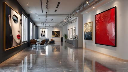 Interior of a Modern Art Gallery Featuring Contemporary Paintings and Elegant Design Elements