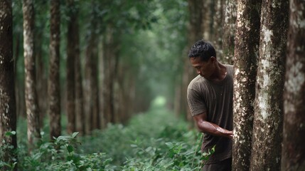 A rubber tapper works in a serene tree plantation a rural livelihood