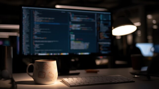 A modern workspace with an illuminated desk showcasing a computer monitor displaying programming code,