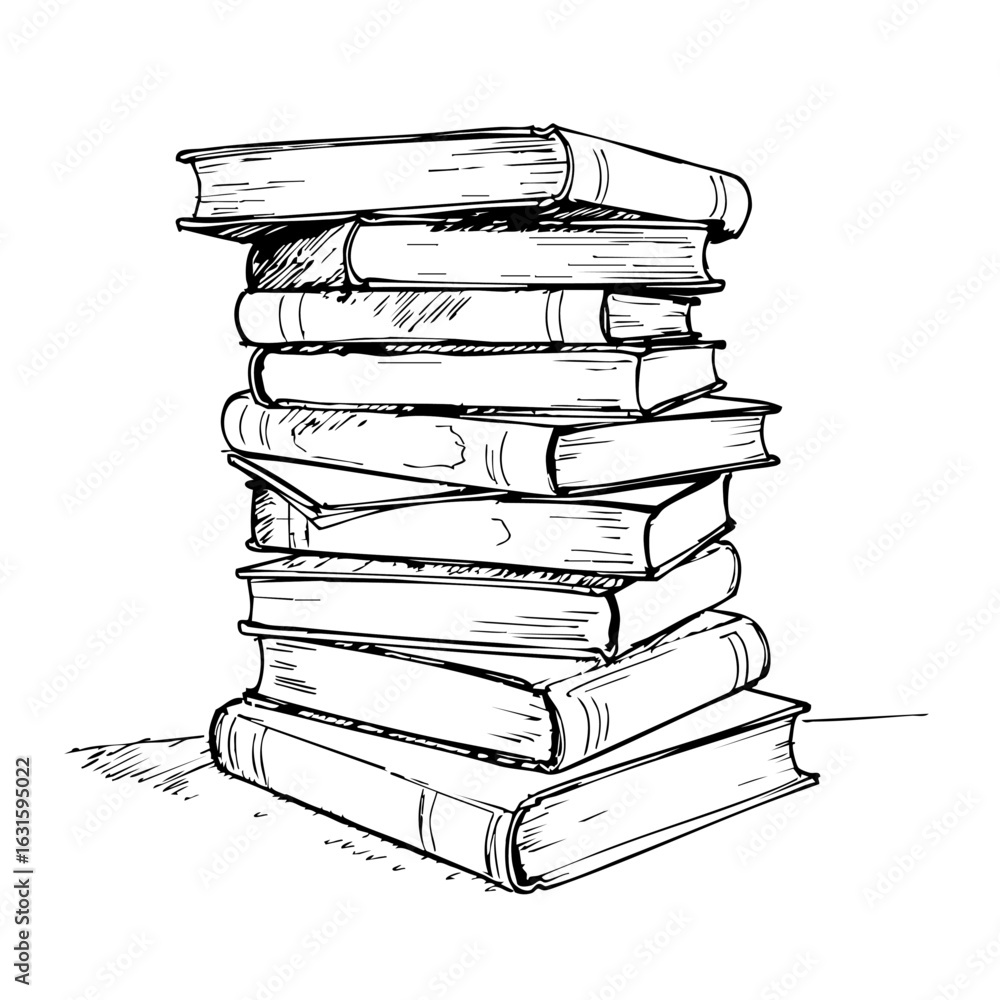 Aufkleber stack of books displayed in ink sketch for image fx. stack of books shown with visible pages and cov