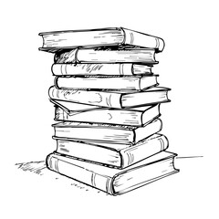 Fototapeta premium Stack of books displayed in ink sketch for Image FX. Stack of books shown with visible pages and covers, for visual effects in publishing, or to convey knowledge.
