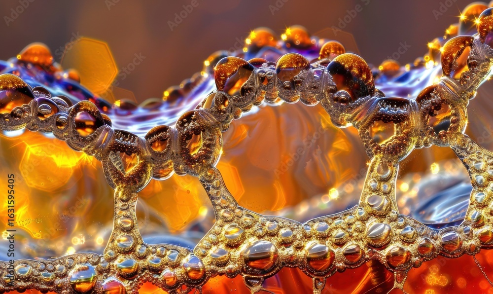 Poster abstract macro photograph of bubbles with golden reflection and intricate patterns