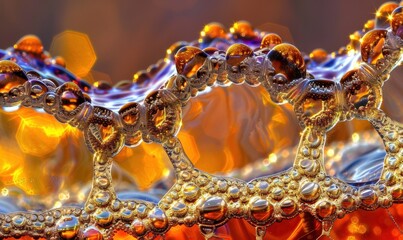 Abstract macro photograph of bubbles with golden reflection and intricate patterns