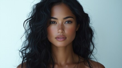 Naklejka premium Close-up portrait of a woman with wavy black hair and light tan skin. Natural beauty