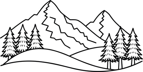 Minimalist line art mountain landscape with pine trees, modern black and white vector illustration, nature scene for wall decor, printable art, t-shirt design, outdoor adventure concept
