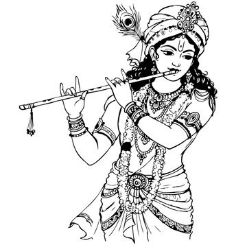 krishna playing flute black and white clip art preview