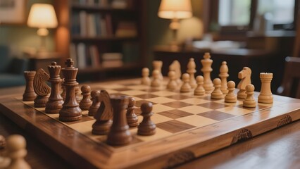 A wooden chess set arranged on a checkered board in a cozy room setting
