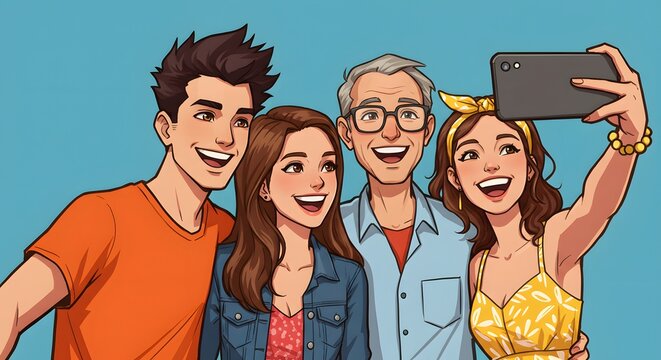 Family taking selfie, smiling, cartoon style, blue background. - Powered by Adobe