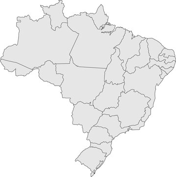 Clean, minimalist gray outline map of Brazil with all state boundaries. Ideal for educational content, data visualization, or professional presentations