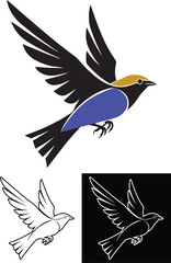 Stylized flying bird vector icon set with color and black and white outline versions. Graphic illustration for logo design.