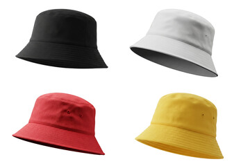 Set of Black, White, Red, and Yellow Bucket Hats on White Background, Blank Mockup for Design