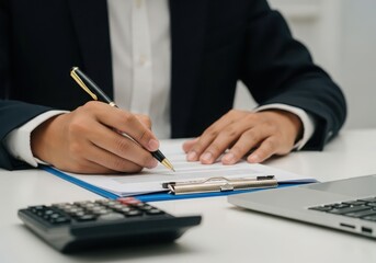 Naklejka premium Photo of a businessman in a suit is signing a document on a clipboard with a pen, with a calculator and laptop on the table, representing financial planning and analysis