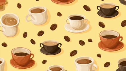 Obraz premium Coffee cups and beans pattern, pastel yellow background, food and drink design