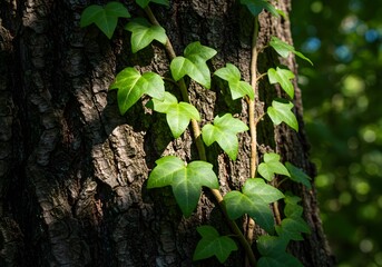 Close-up of Ivy Growing on Tree Bark Nature's Embrace, Green Leaves, Sunlight, Forest Beauty.