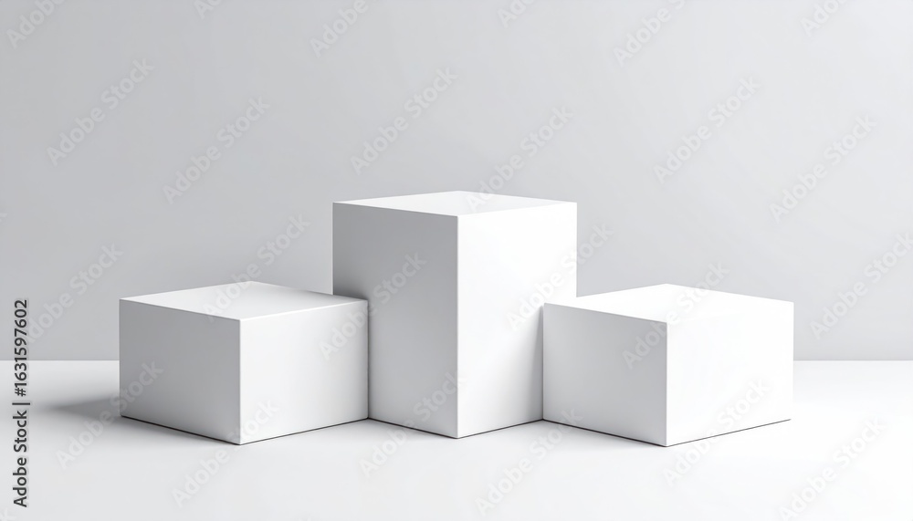 Aufkleber minimalist white podium blocks arranged in a triangle for product presentation against a grey backgr
