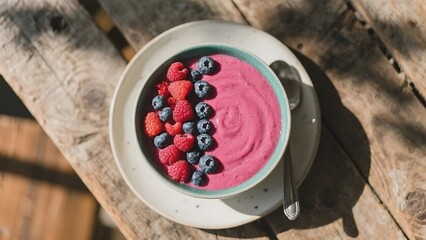 Berry Smoothie Bowl with Fresh Raspberries and Blueberries on a Wooden Table