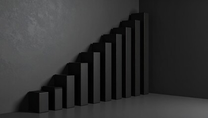 Monochrome 3D Render of Black Financial Bars Emerging from Shadowed Corner Wall with Dramatic Lighting