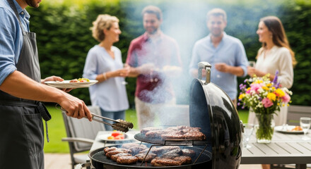 Friends and family enjoying a summer barbecue party grilling meat and vegetables outdoors