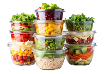 Colorful meal prep containers stacked for healthy eating, convenient lunches and balanced diet planning, promoting a vibrant lifestyle on a transparent background