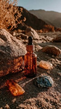 Amber elixir bottle, crystals on desert sand